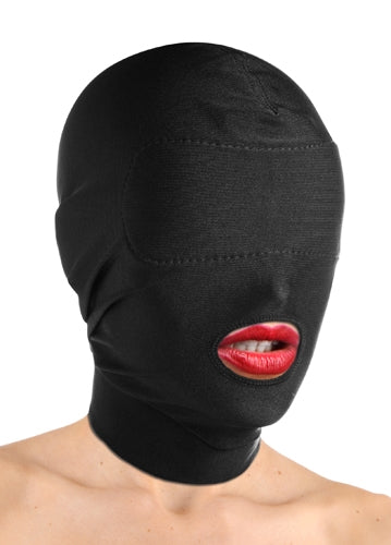 Spandex Bondage Hood with Padded Eyes and Open Mouth Design Black One Size > Bondage Gear > Masks