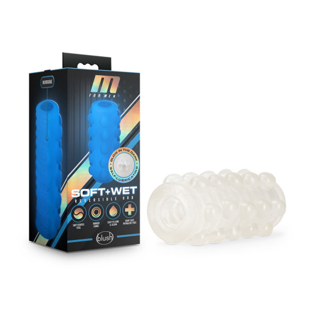 M for Men Reversible Orb Soft Wet Glow in Dark Male Masturbator Clear Strokers - Manual