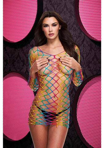 Rainbow Fishnet Mini Dress Lingerie One Size Flirty Adult Wear Multi > Clothes > Dresses and Chemises