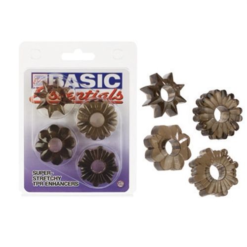 Basic Essentials 4 Pack Clear Stretchy Enhancers Sex Toys Gray COCK RING Set