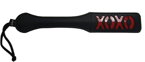 Sex & Mischief XOXO Black Vinyl Paddle with Red Cheeky Design, 30 cm Length, Includes matching Wrist Strap Whips & Paddles