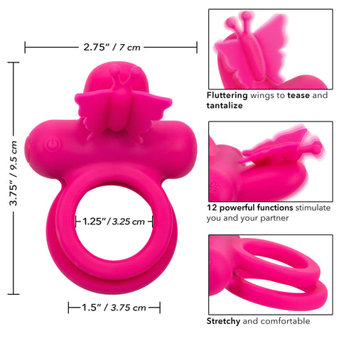 CalExotics Silicone Rechargeable Pink Butterfly Dual Ring with 12 Vibration Functions and Waterproof Design Cock Rings Vibrating