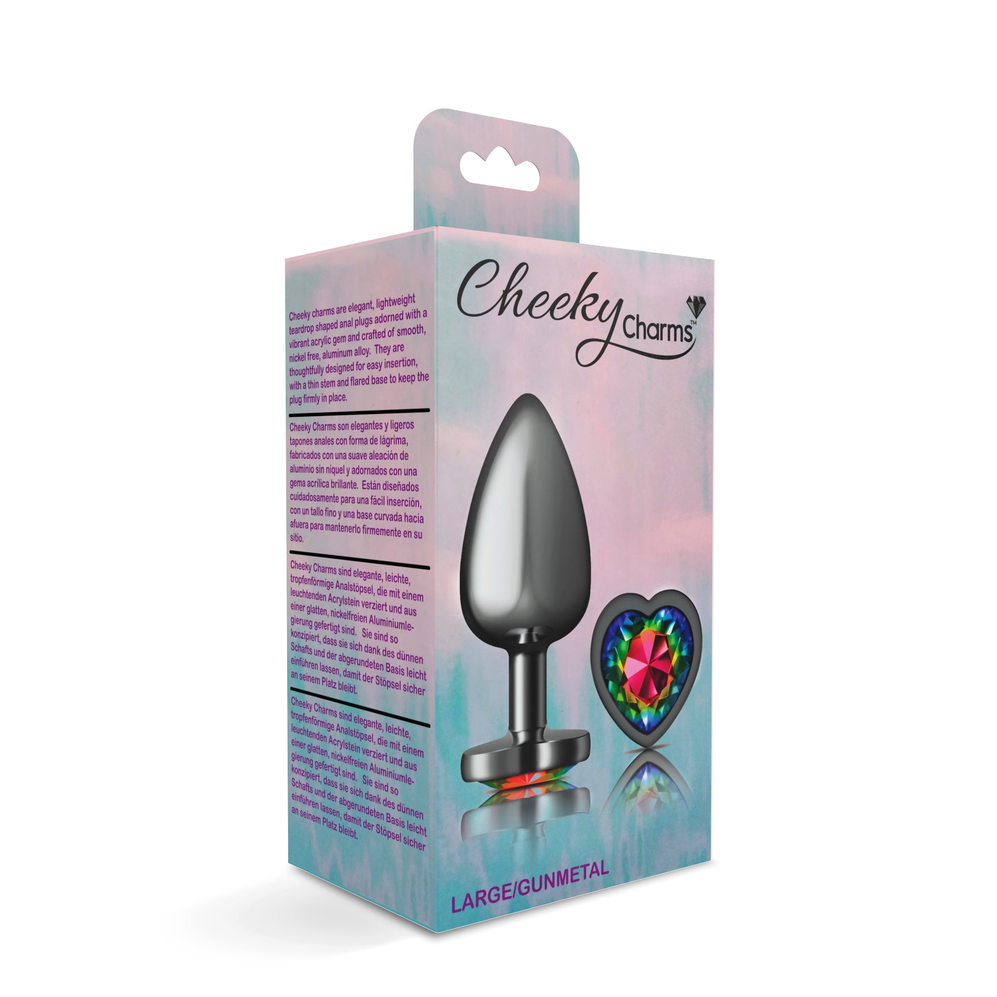 Cheeky Charms Gunmetal Butt Plug with Heart Rainbow Jewel Large > Anal Range > Jewel Butt Plugs