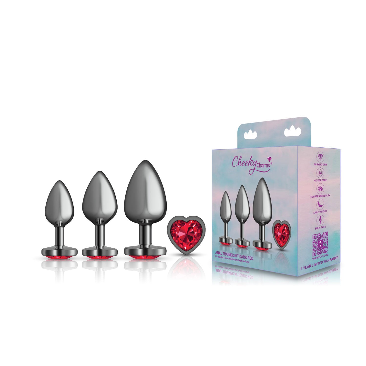 Viben Red Heart Gem Anal Trainer Kit with Three Sizes Butt Plugs
