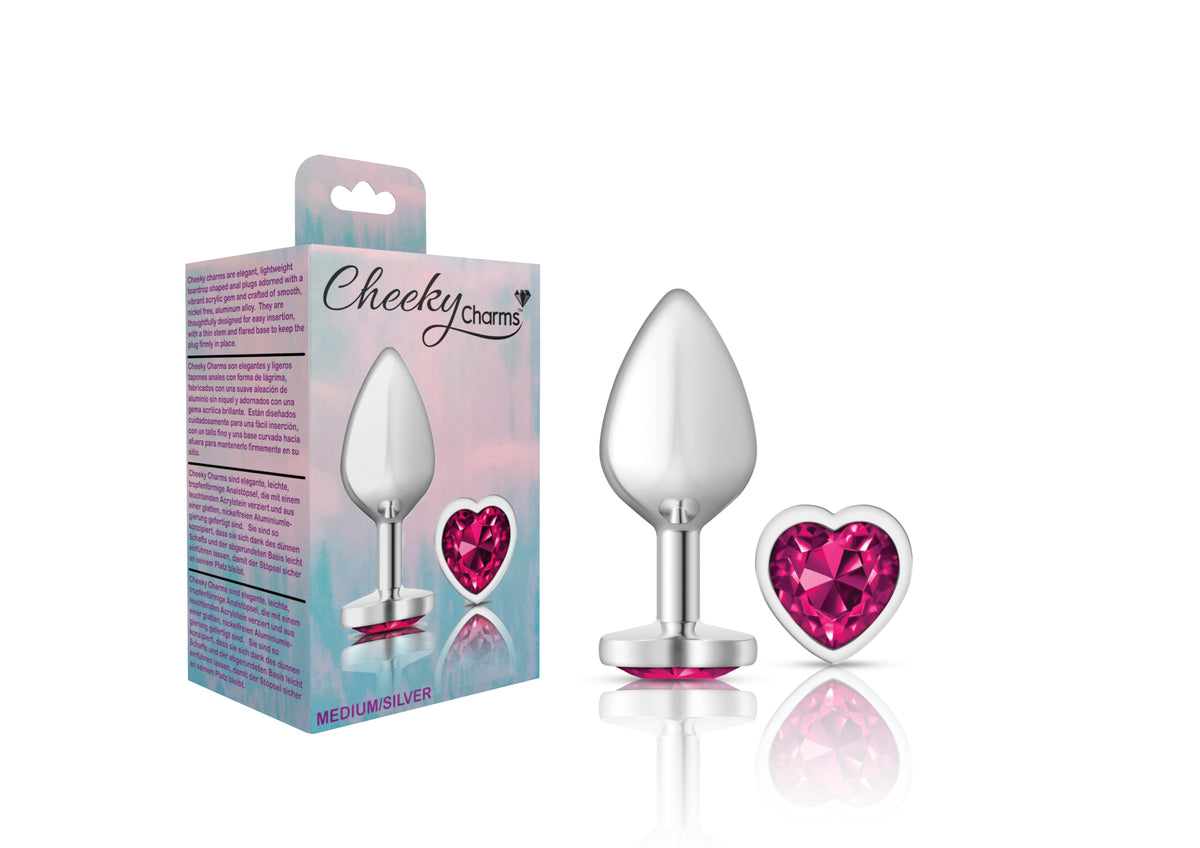 Cheeky Charms Silver Metal Butt Plug with Heart Pink Jewel Medium (8.03cm) > Anal Range > Jewel Butt Plugs