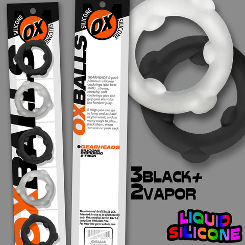 Gearheads 5 Pack Spinner Rings (Black Vapor) – Stretchy Silicone Cock Rings Black Cockrings