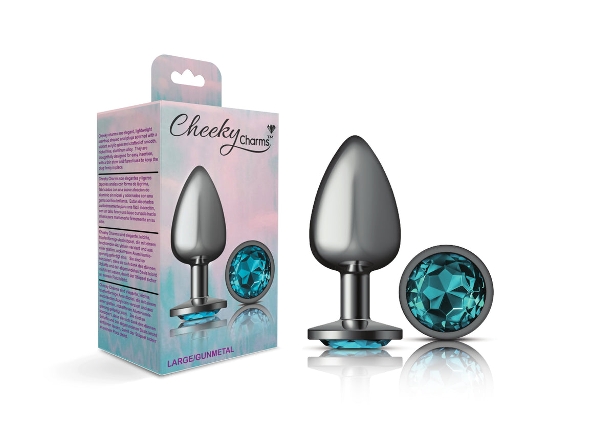 Cheeky Charms Gunmetal Round Butt Plug with Teal Jewel Large (9.12cm) > Anal Range > Jewel Butt Plugs