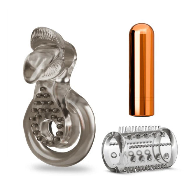 Stay Hard Vibrating Cock Ring Set with Textured Sleeve – Stamina Enhancer > Cock Ring > Vibrating