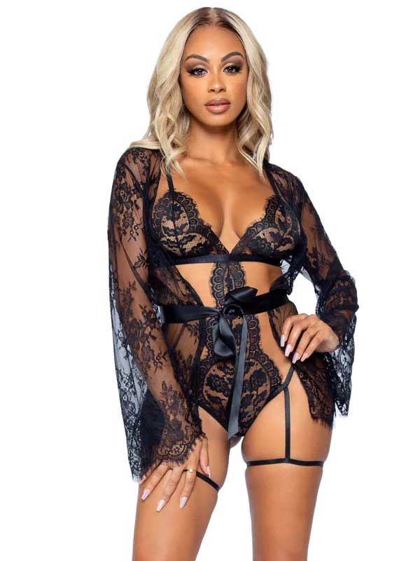 Allure Lace Teddy and Robe Set for Women Large Black Lingerie Teddies
