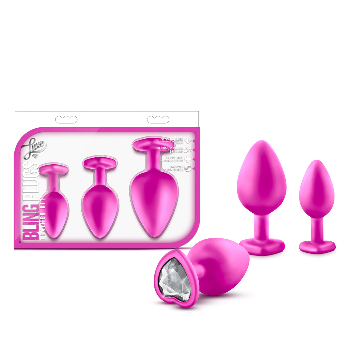 Luxe Bling Plugs Training Kit Pink With White Gems 3 Sizes (2.8 Inch) Pink > Anal Range > Butt Plug Kits