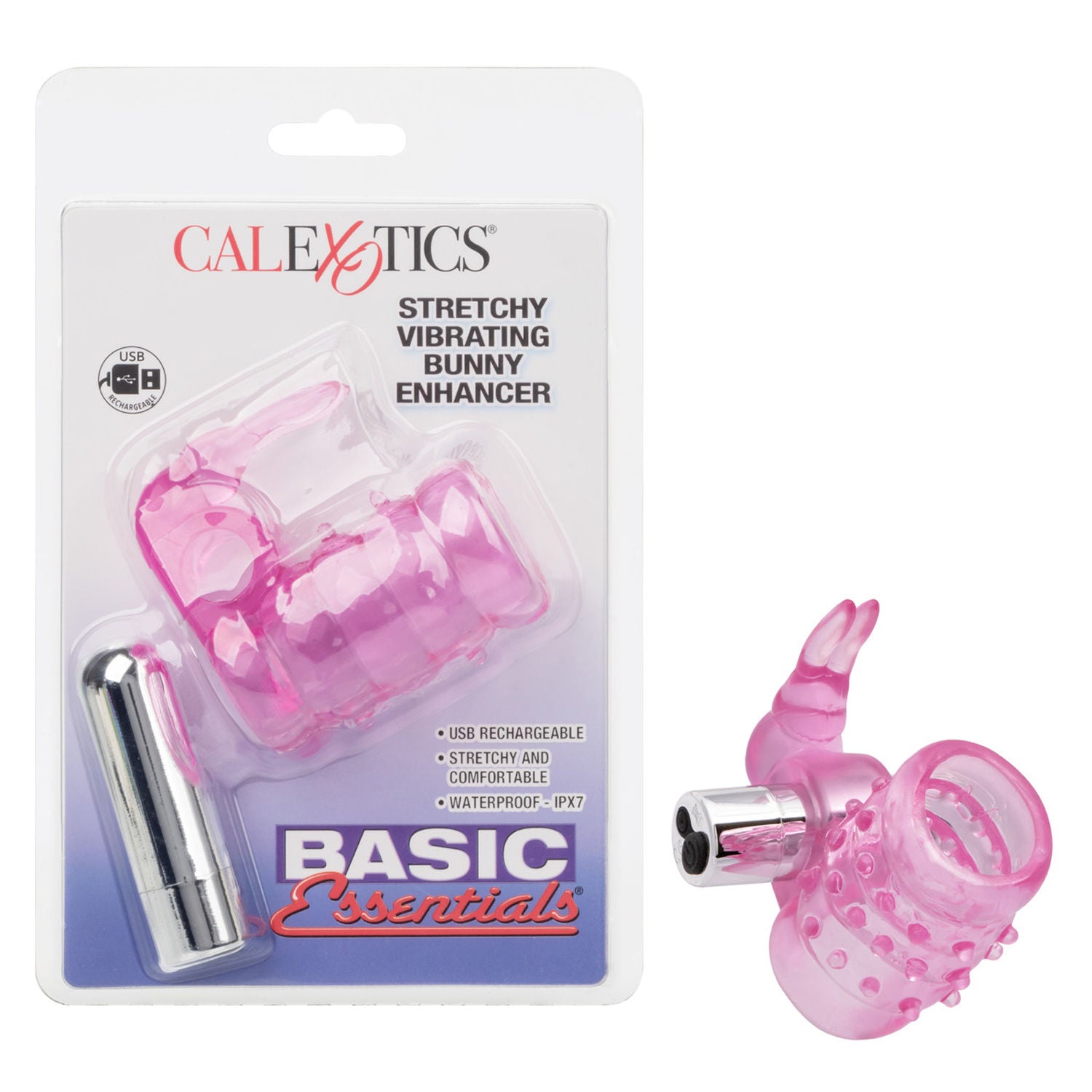 Basic Essentials Rechargeable Stretchy Bunny Vibrating Enhancer Cock Rings Vibrating