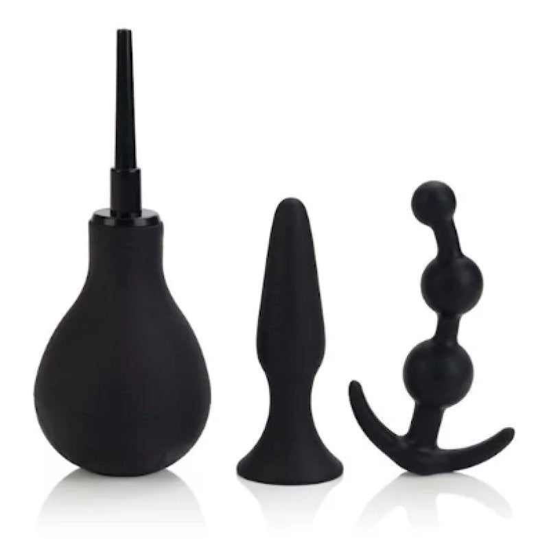 Anal Explorer Kit Body Safe Silicone Black 3 to 4.55 Inch Probes with Douche and Suction Cup Base