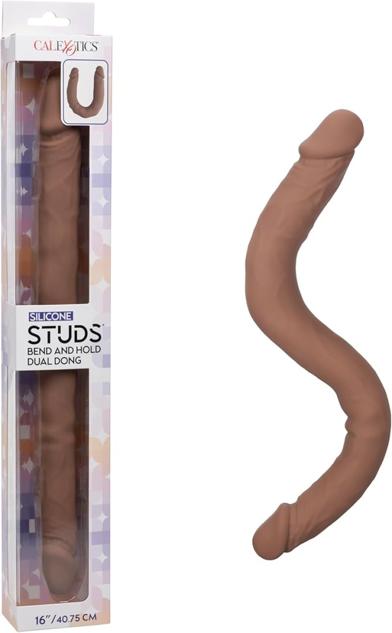 Silicone Studs Bend and Hold Dual Dong (Brown) – Premium Silicone 16 Inch Dong