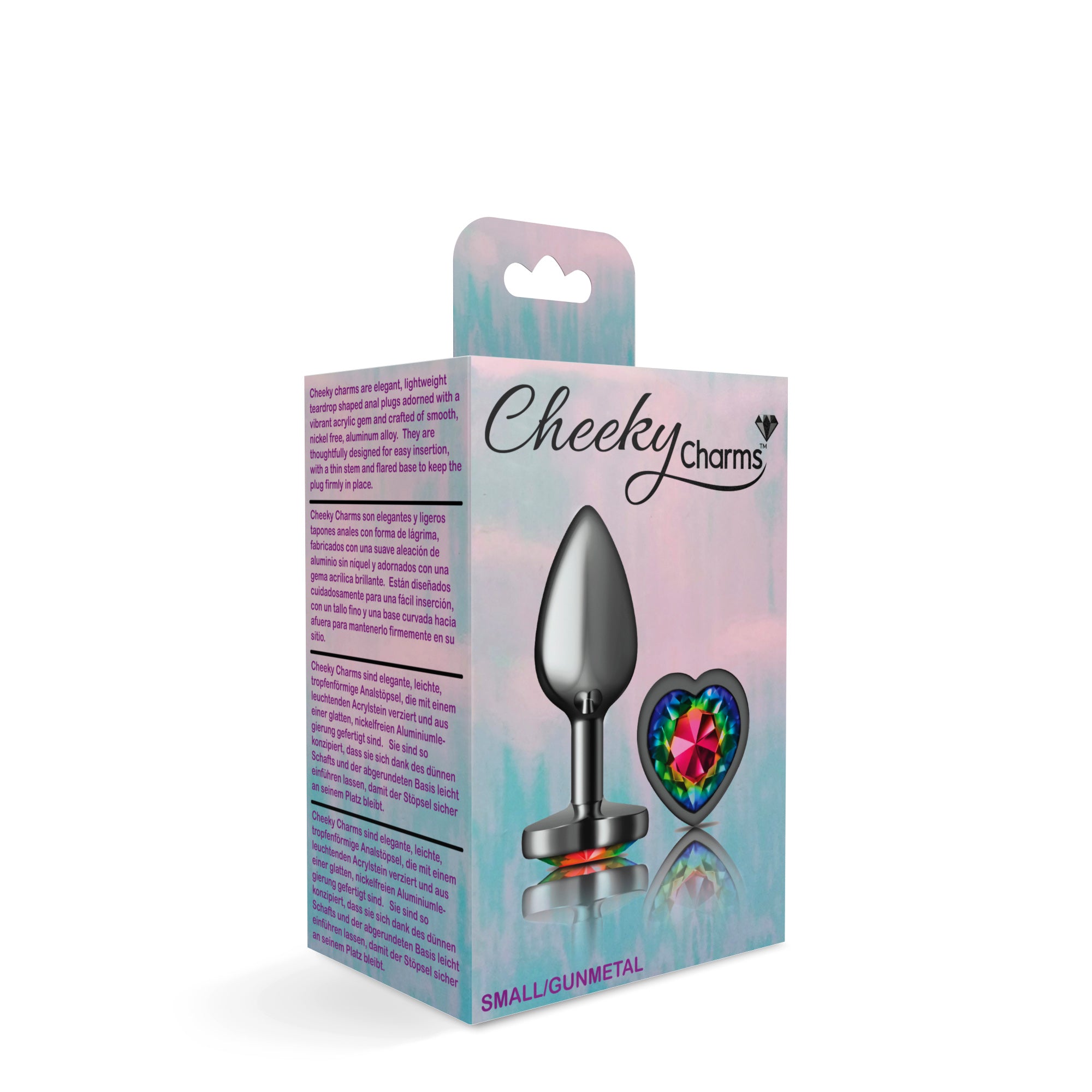 Cheeky Charms Gunmetal Butt Plug with Heart Rainbow Jewel Small > Anal Range > Jewel Butt Plugs