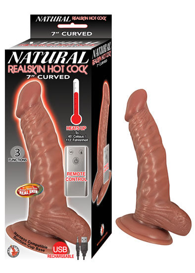 Natural Realskin Heated Curved Dildo 7 Inch Brown Waterproof Brown Dongs Realistic