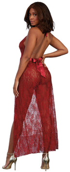 Garnet Lace Gown with Satin Tie Waist and Coordinating G-String (Small) – Delicate Long Lingerie Gown Set Red Medium > Clothes > Dresses and Chemises