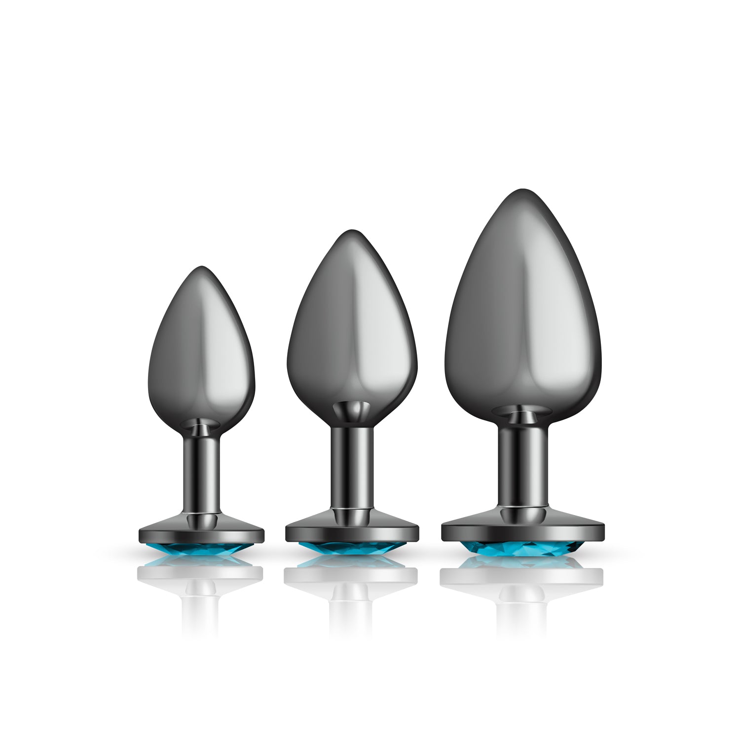 Cheeky Charms Round Metal Butt Plug Gunmetal Three Piece Kit with Teal Jewel > Anal Range > Butt Plug Kits