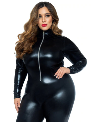 Leg Avenue Black Lam Zipper Front Catsuit Erotic Costume Womens Latex