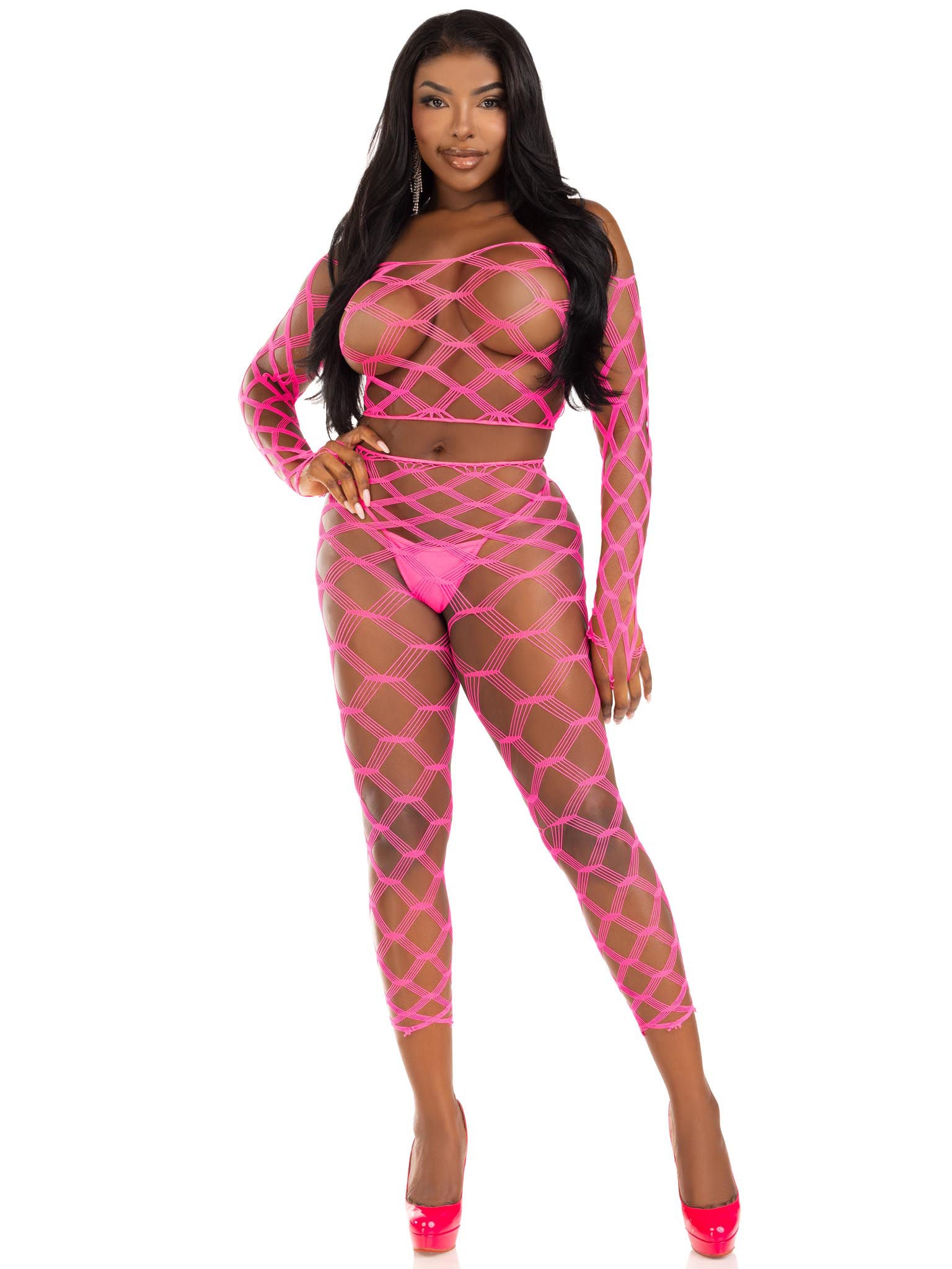Leg Avenue 2 Pc Net Crop Top and Footless Tights (Neon Pink) – One Size Lingerie Set > Clothes > Lingerie Sets