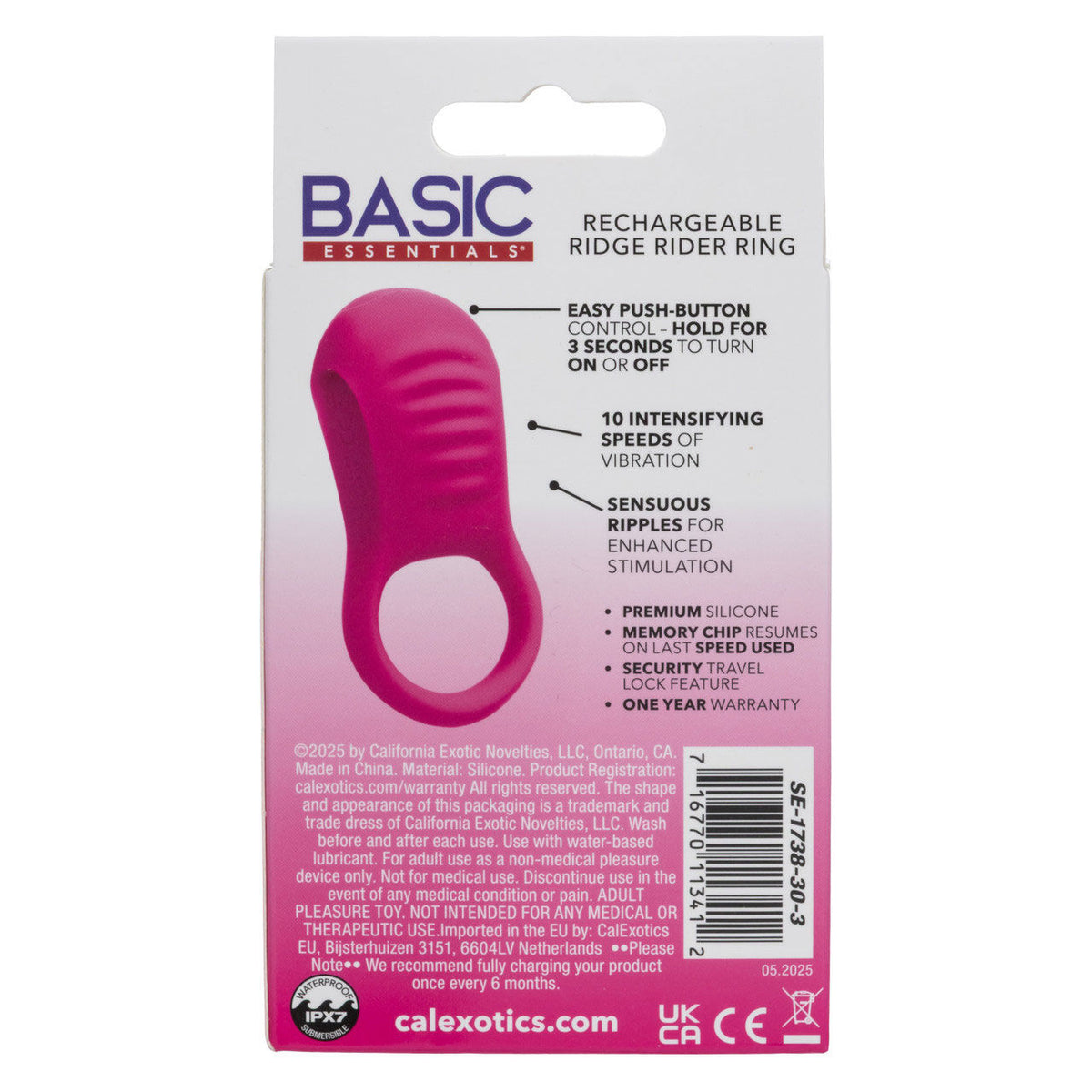 Basic Essentials Rechargeable Ridge Rider Stimulating Ring Pink Pink Cockrings