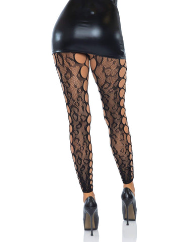 Footless Leopard Lace Crotchless Tights Sexy Hosiery Black Hosiery