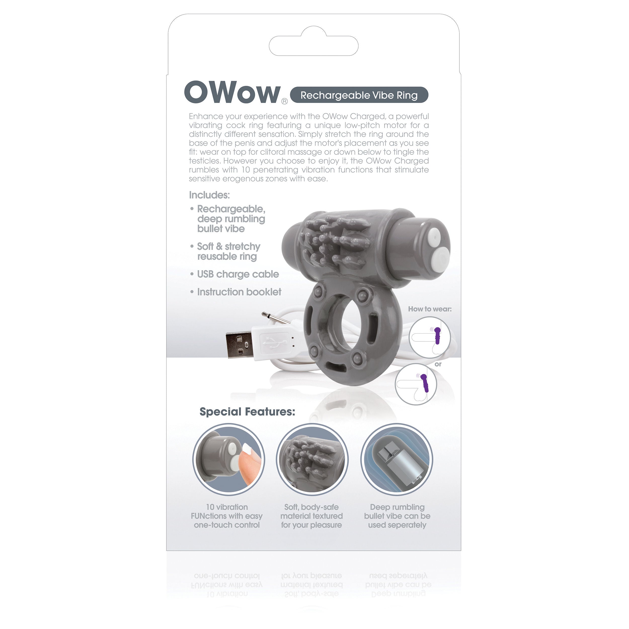 Charged Owow Rechargeable Grey Vibe Ring for Adult Intimacy Cock Rings Vibrating