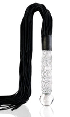 Black leather whip with a decorative handle on a white background