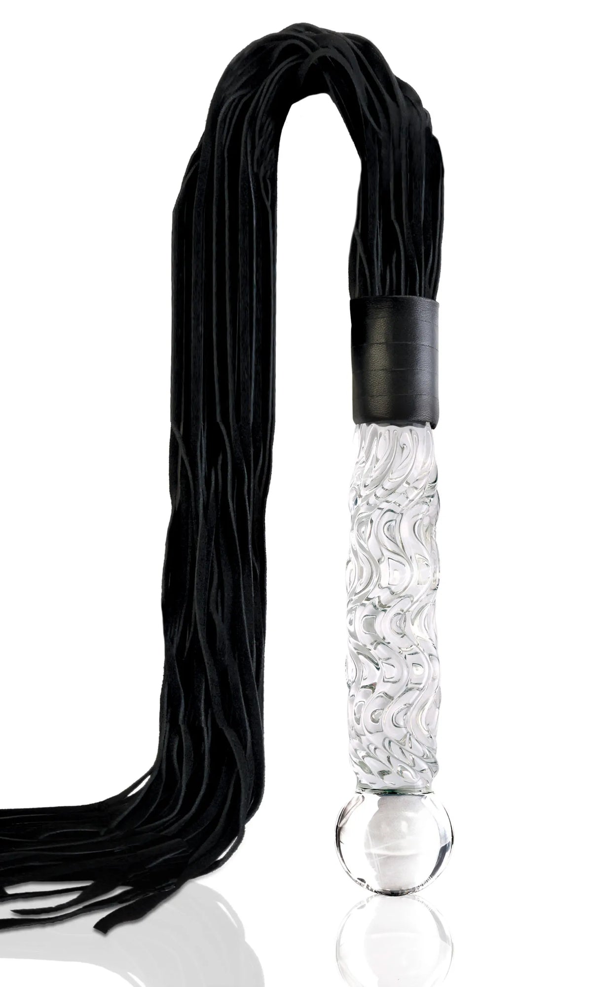 Black leather whip with a decorative handle on a white background