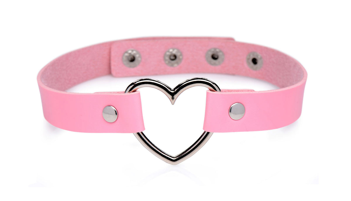 Dark Heart Pink Vegan Leather Choker with Chrome Heart Center > Bondage Gear > Collars & Leashes