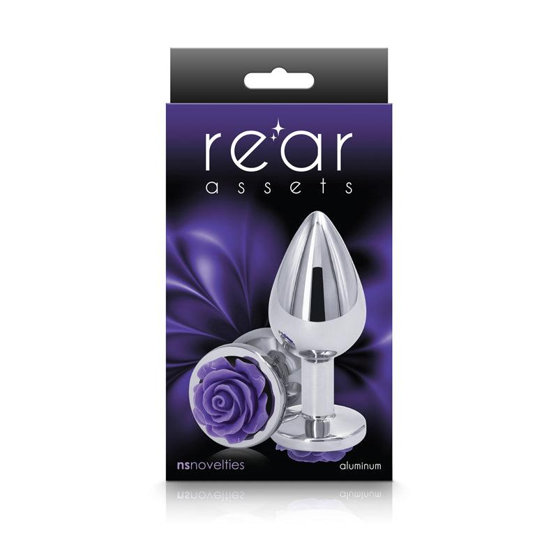 Rear Assets Rose Medium 8.9 cm Metal Butt Plug with Purple Base > Anal Range > Jewel Butt Plugs