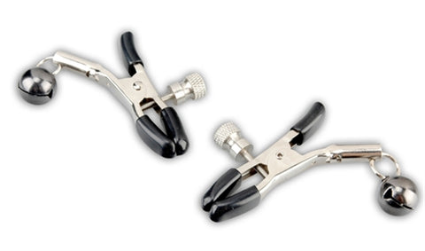 Lux Fetish Adjustable Metal Nipple Clip with Black Bell Silver Nipple Clips
