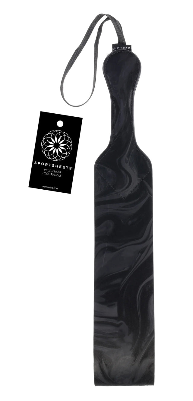 Sportsheets Velvet Noir Loop Paddle 42 cm Impact Toy with Vegan Leather and Wrist Loop Black Marbled Design Black Whips & Paddles