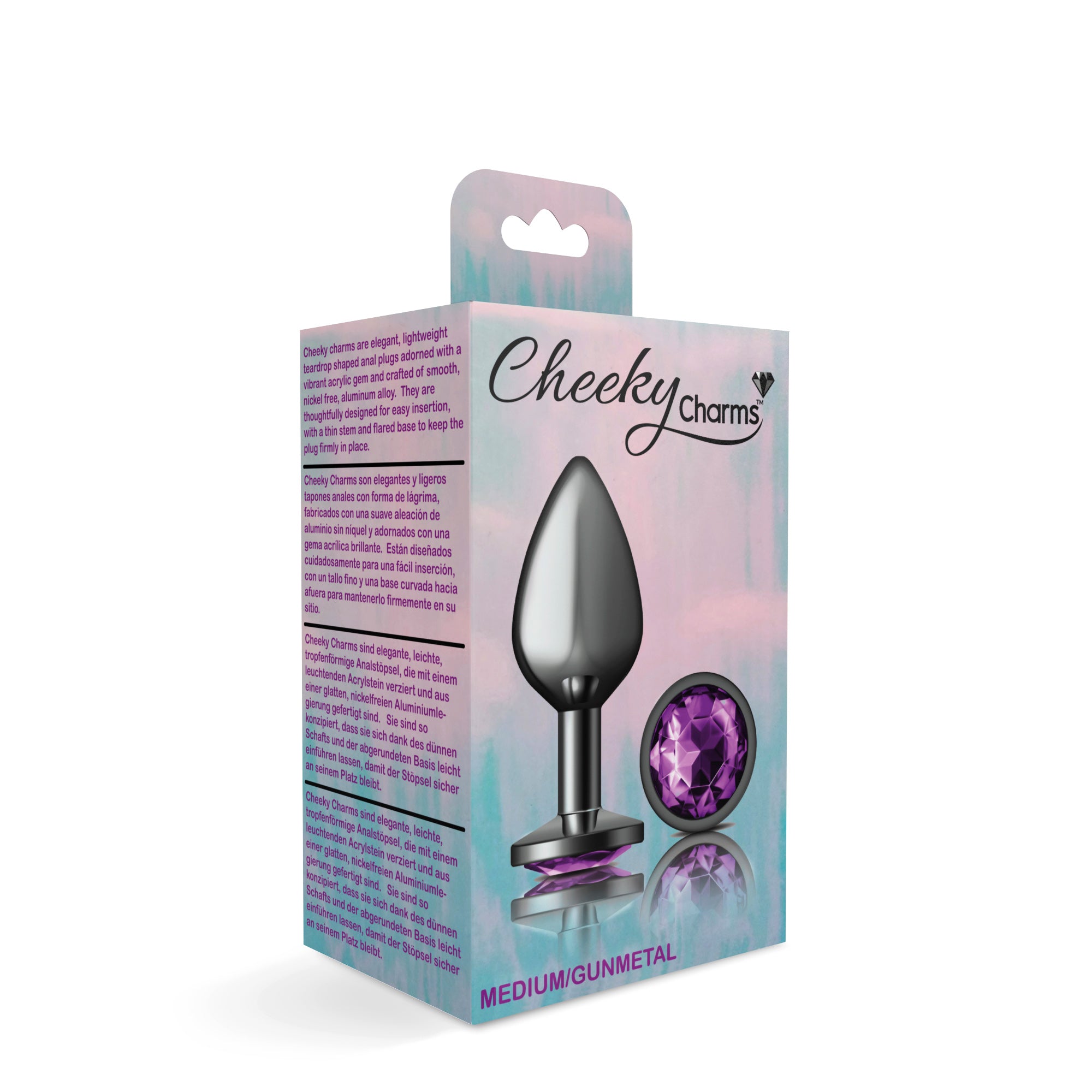 Cheeky Charms Gunmetal Round Butt Plug with Purple Jewel Medium > Anal Range > Jewel Butt Plugs