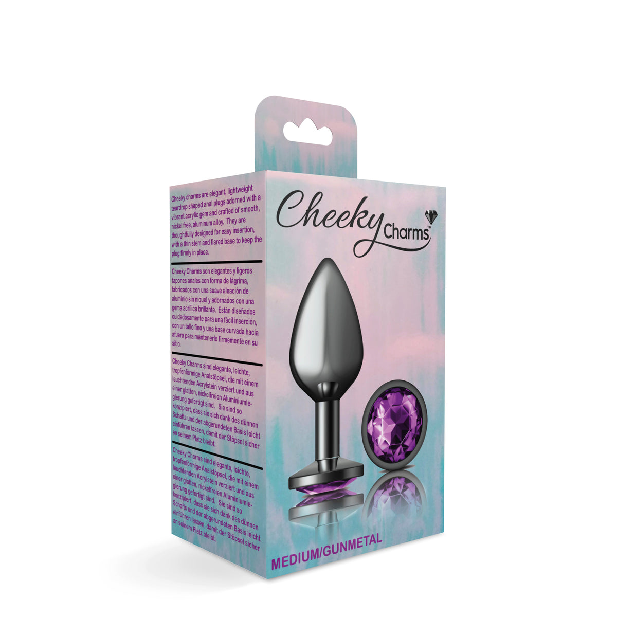 Cheeky Charms Gunmetal Round Butt Plug with Purple Jewel Medium (8.03cm) > Anal Range > Jewel Butt Plugs