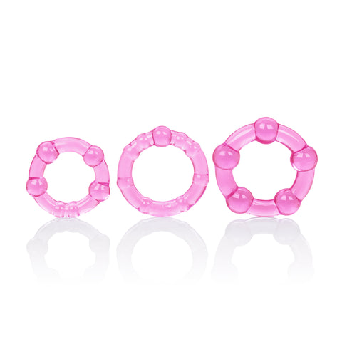 Island Rings Pink Stretchy Transparent TPR Cock Rings Trio Small Medium Large with Pleasure Beads and Stimulation Nodules COCK RING Set