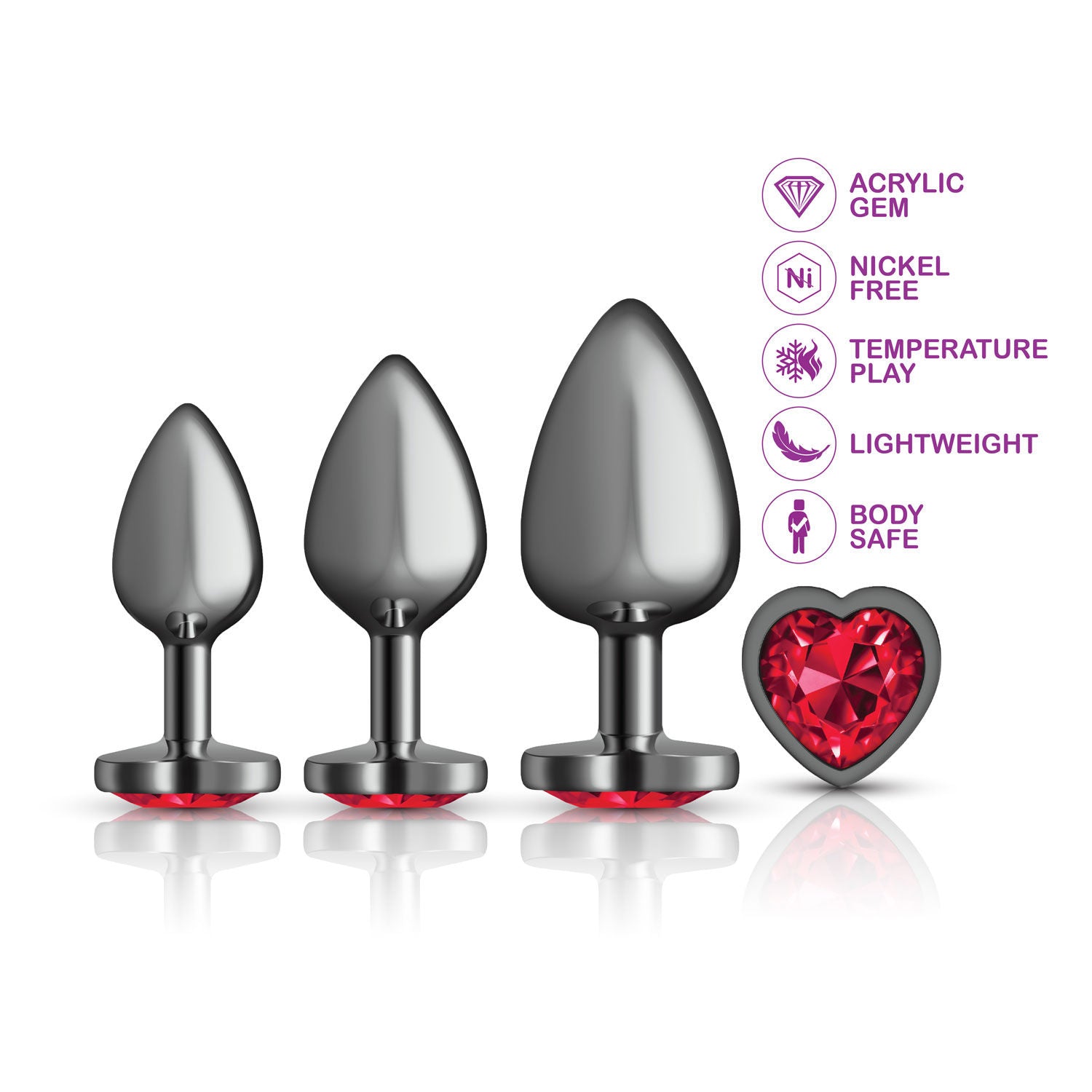 Viben Red Heart Gem Anal Trainer Kit with Three Sizes Butt Plugs