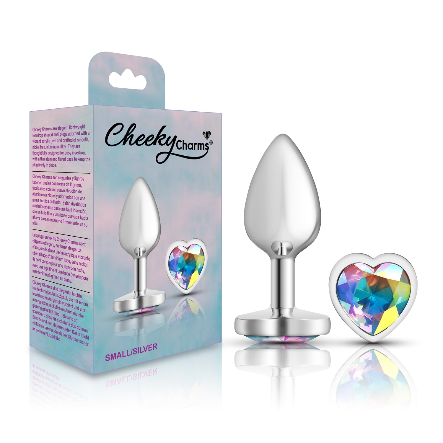 Cheeky Charms Silver Metal Butt Plug with Heart Clear Jewel Small > Anal Range > Jewel Butt Plugs