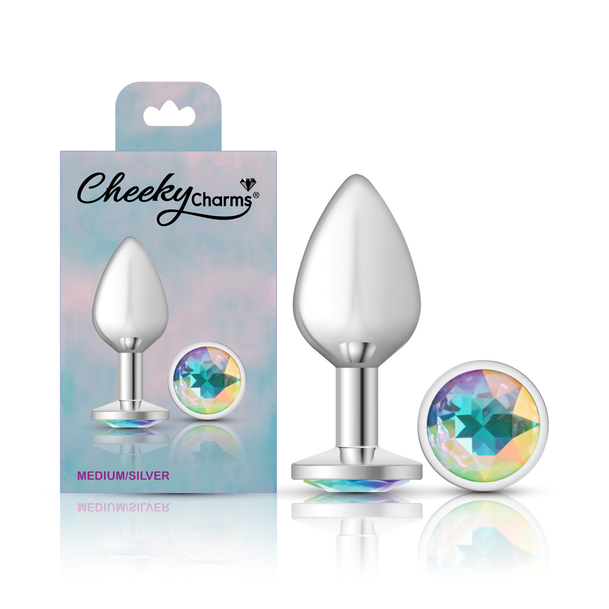 Cheeky Charms Silver Round Butt Plug with Clear Iridescent Jewel Medium (8.03cm) > Anal Range > Jewel Butt Plugs