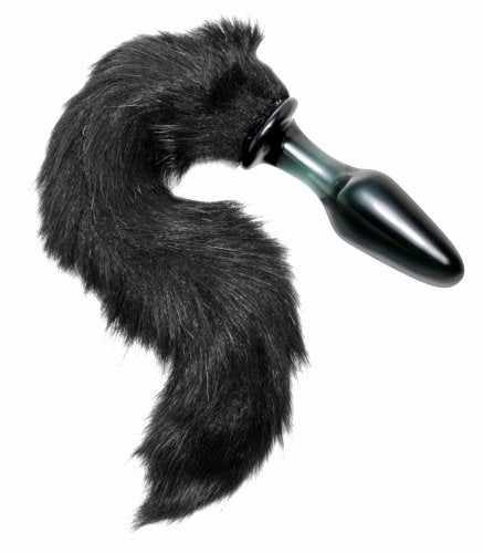 Midnight Fox Glass Anal Plug with Long Black Fur Tail Black > Anal Range > Tail Butt Plugs