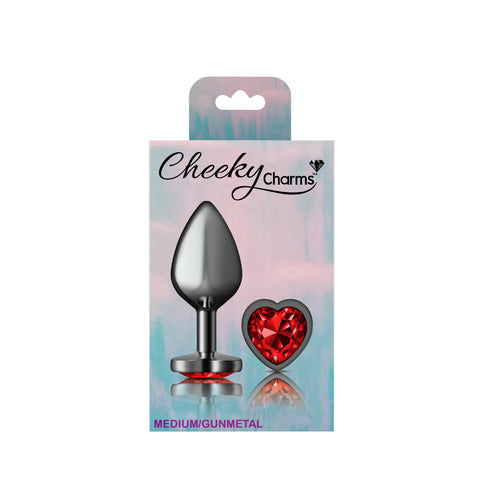 Cheeky Charms Gunmetal Butt Plug with Heart Red Jewel Medium Red > Anal Range > Jewel Butt Plugs