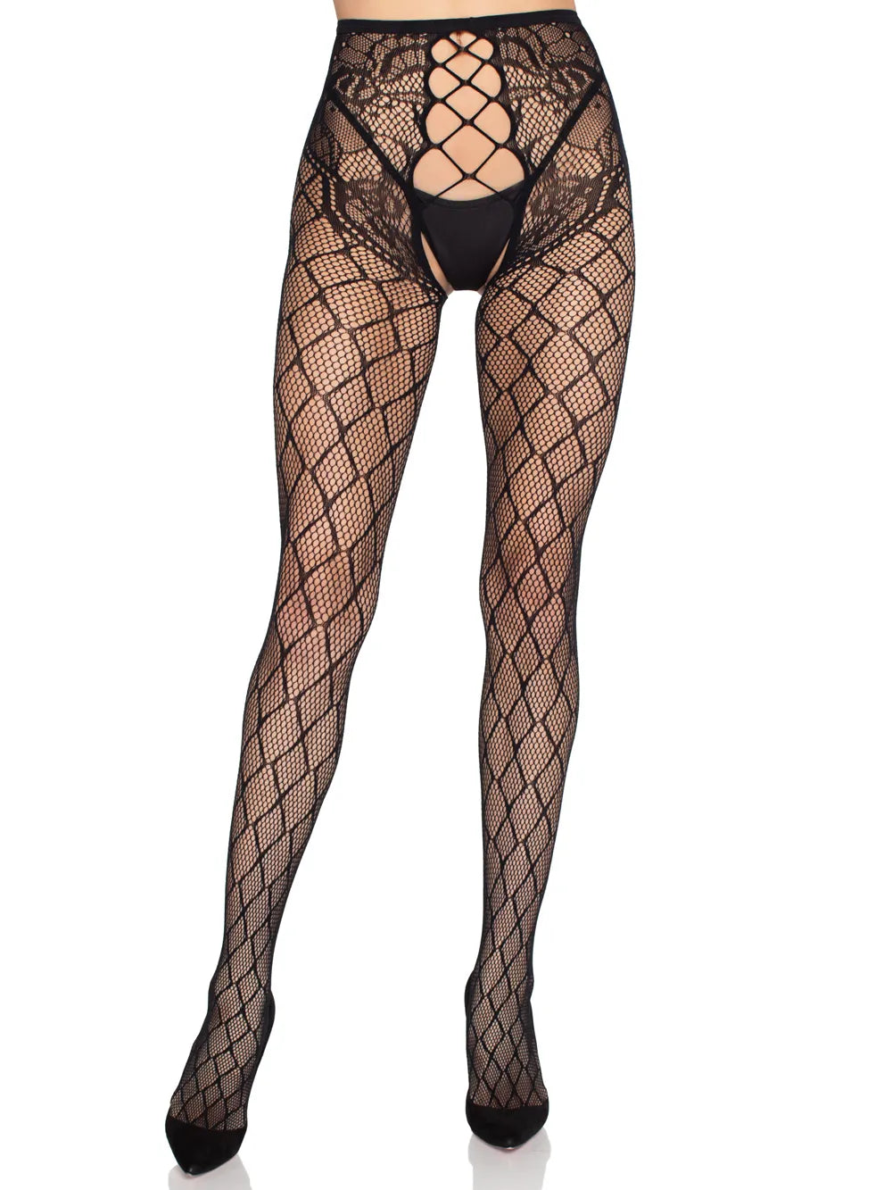 Faux Layer Net Tights with Crotchless Floral Panty (Black) – Lingerie Black One Size > Clothes > Hosiery > Pantyhose & Tights