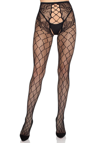 Faux Layer Net Tights with Crotchless Floral Panty (Black) – Lingerie Black One Size > Clothes > Hosiery > Pantyhose & Tights