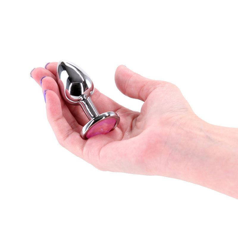 Rear Assets 3.31 Inch Medium Metal Butt Plug with Pink Gem Base > Anal Range > Jewel Butt Plugs