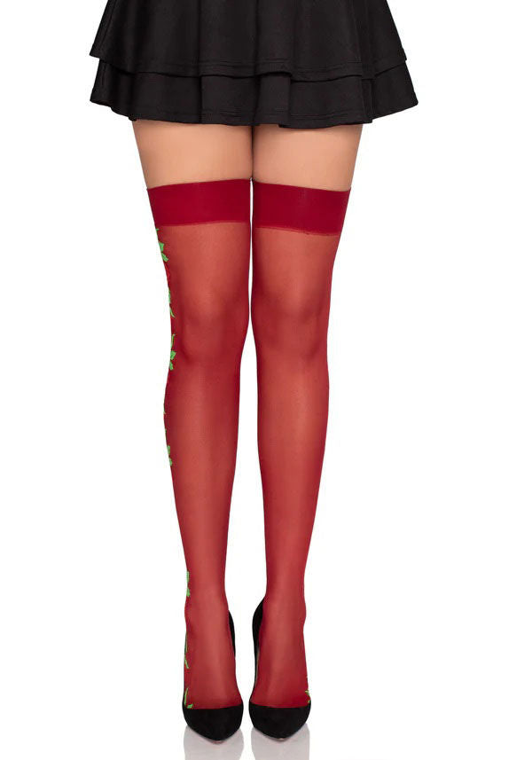 Spandex Thigh Highs With Roses (Burgundy) – Stretch Lingerie Hosiery