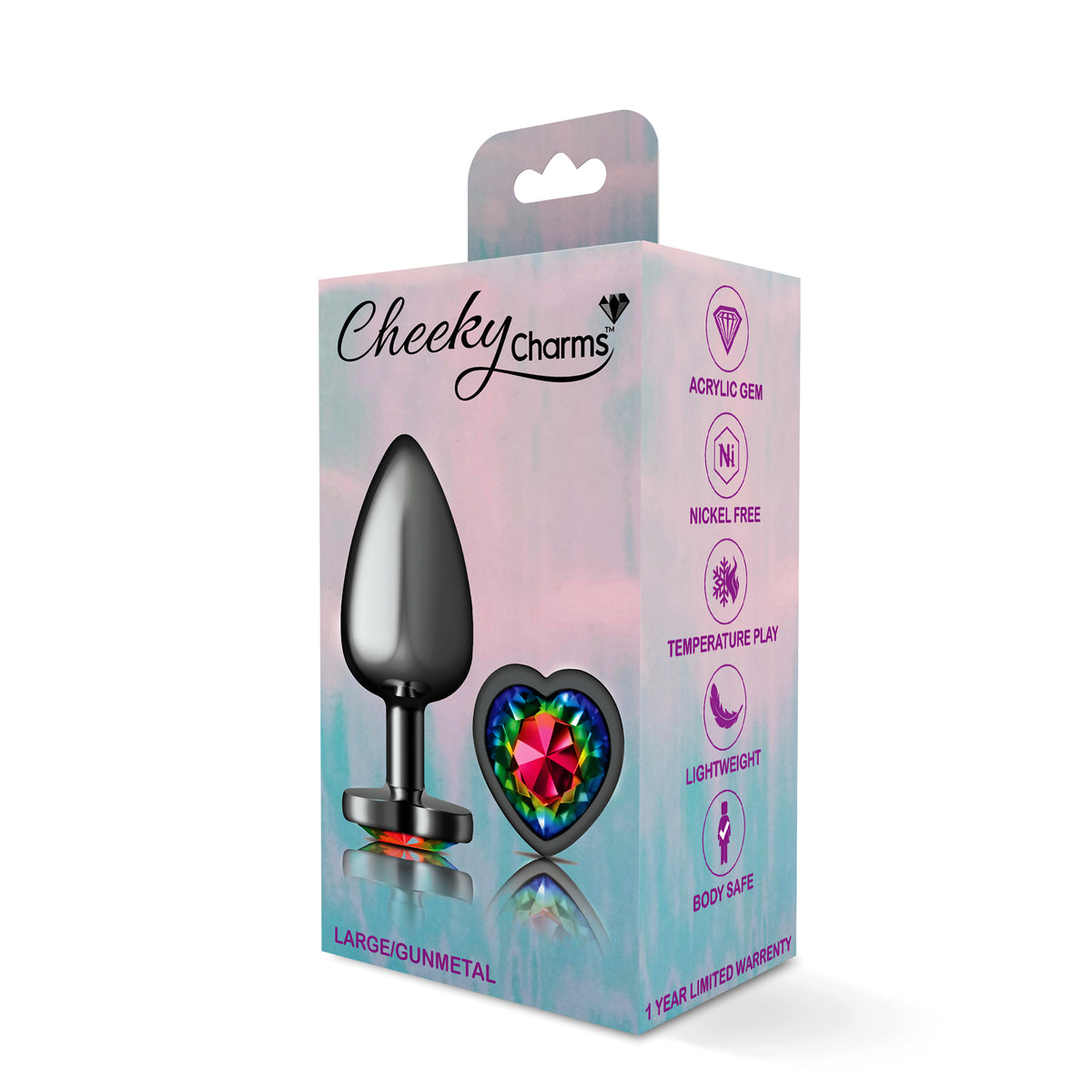 Cheeky Charms Gunmetal Butt Plug with Heart Rainbow Jewel Large (9.12cm) > Anal Range > Jewel Butt Plugs
