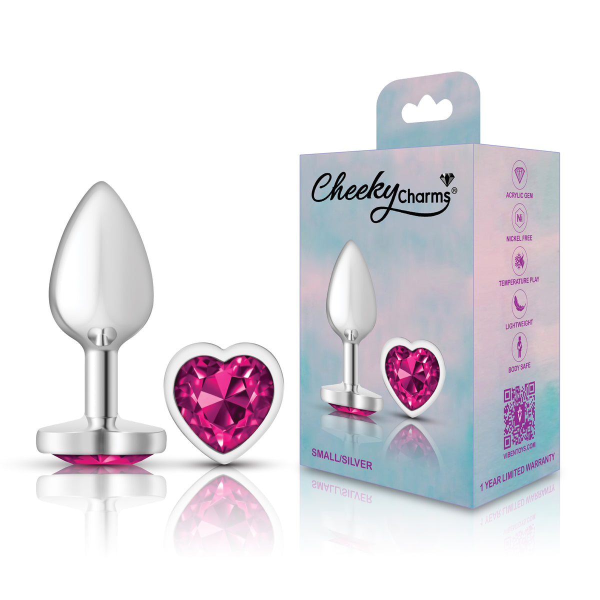 Cheeky Charms Silver Metal Butt Plug with Heart Pink Jewel Small (6.78cm) > Anal Range > Jewel Butt Plugs