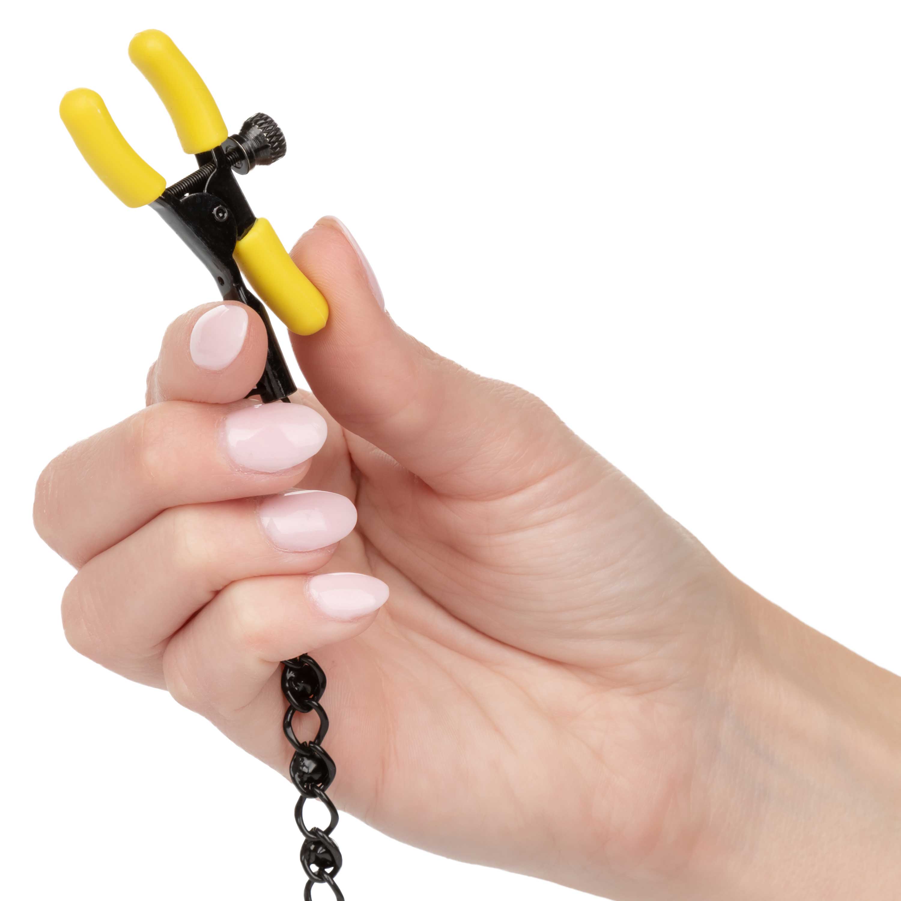 Boundless Nipple Teasers Adjustable Black Chain with Yellow Silicone Coated Clamps and Crystal Adornments Nipple Stimulators