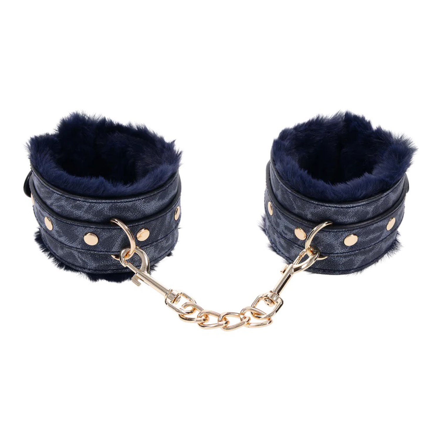Sex and Mischief Navy and Gold Faux Fur Handcuffs with Adjustable Size and Chain Detailing Blue > Bondage Gear > Restraints