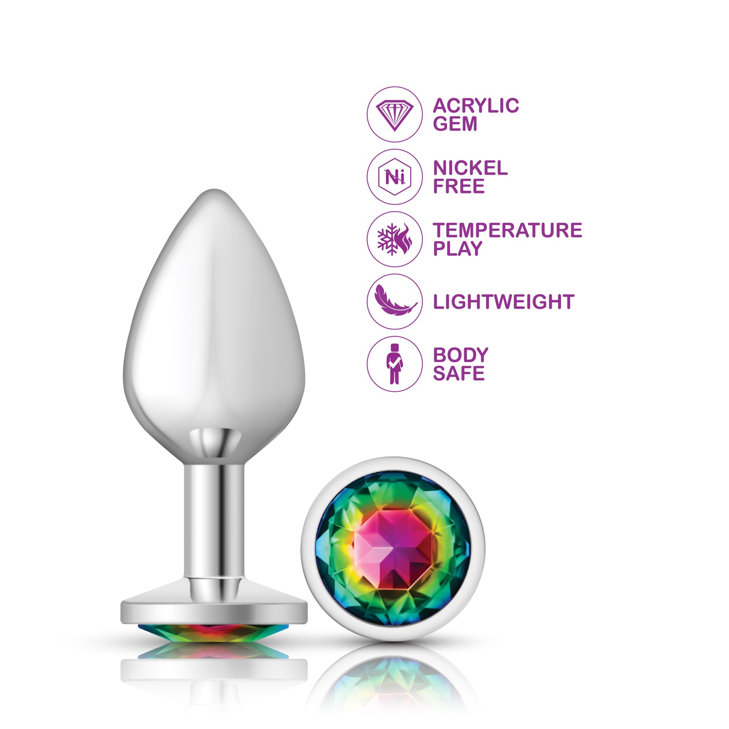 Cheeky Charms Silver Round Butt Plug with Rainbow Jewel Medium > Anal Range > Jewel Butt Plugs