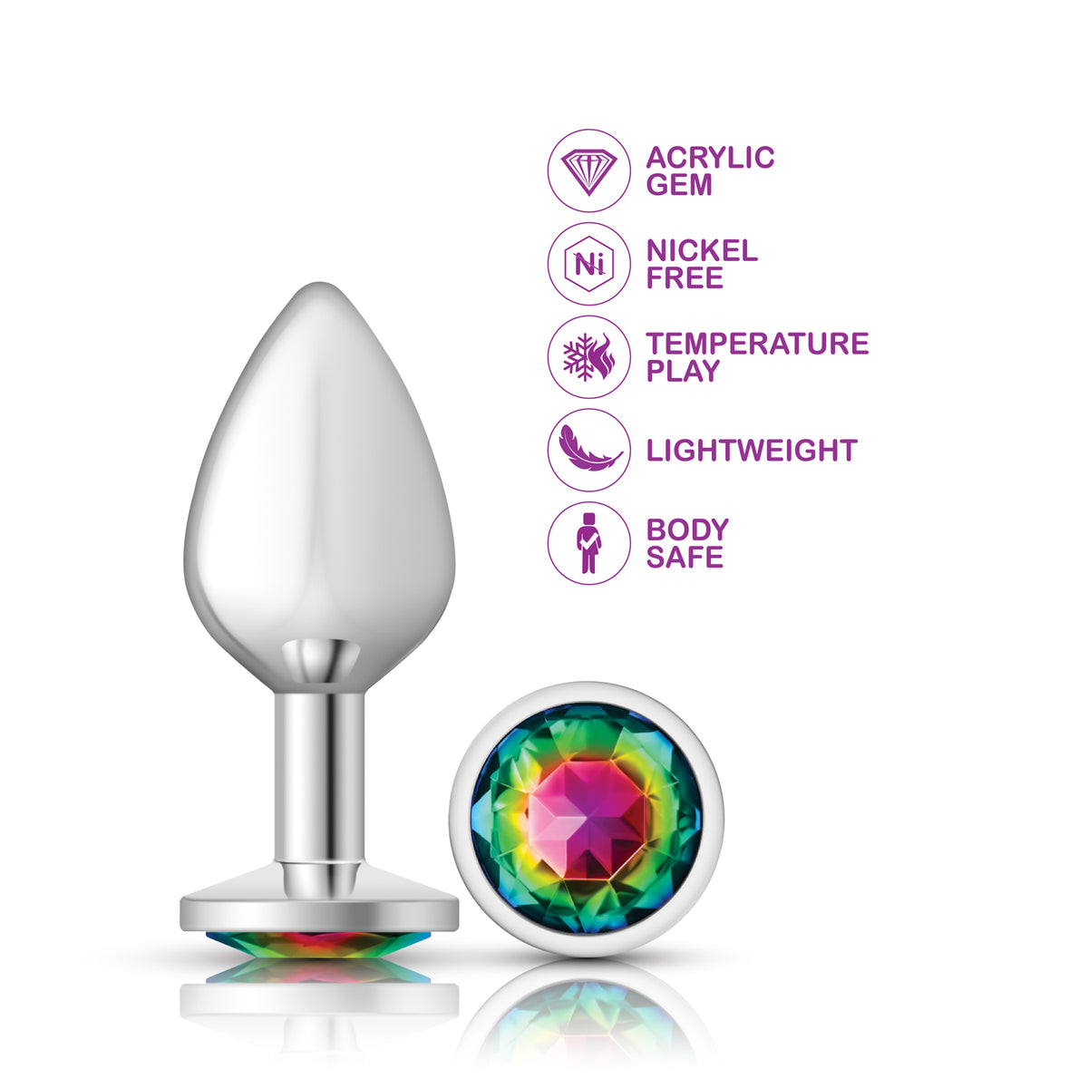 Cheeky Charms Silver Round Butt Plug with Rainbow Jewel Medium (8.03cm) > Anal Range > Jewel Butt Plugs